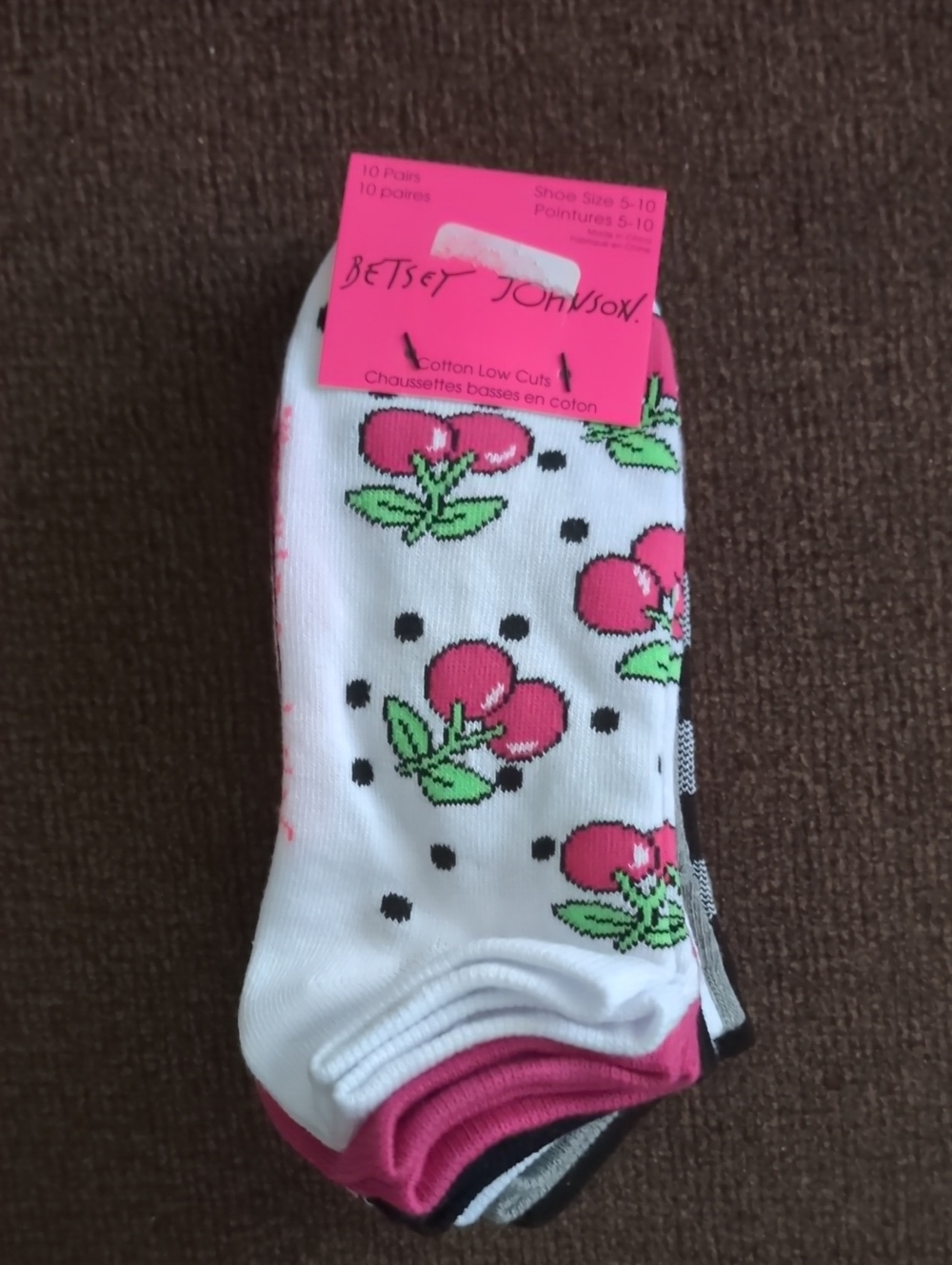 Betsey Johnson Low Cut Socks w/ Pink Cherry Print 10 Pairs New
